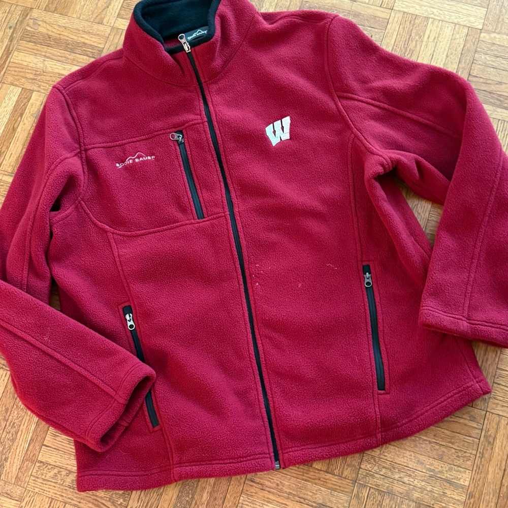 Wisconsin Badgers Eddie Bauer Men XL Fleece Full Zip Up Jacket Coat Style EB200